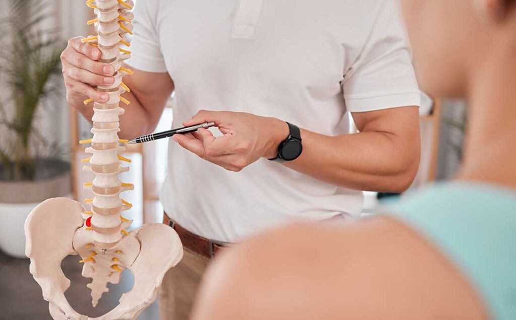 An adult receives a gentle spinal adjustment from a chiropractor in a bright, calming office setting.